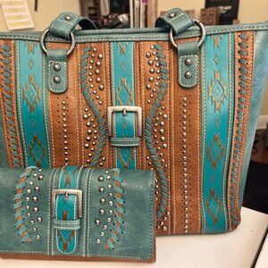 Montana West Turquoise Aztec Buckle Collection Handbag and Wristlet